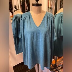 NWT Ann Taylor Angel Sleeve Teal Blue Top w/Smocking at Shoulders, Size XL